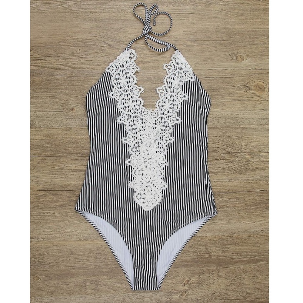 Sexy Striped Halter with Crochet Detail Swimwear